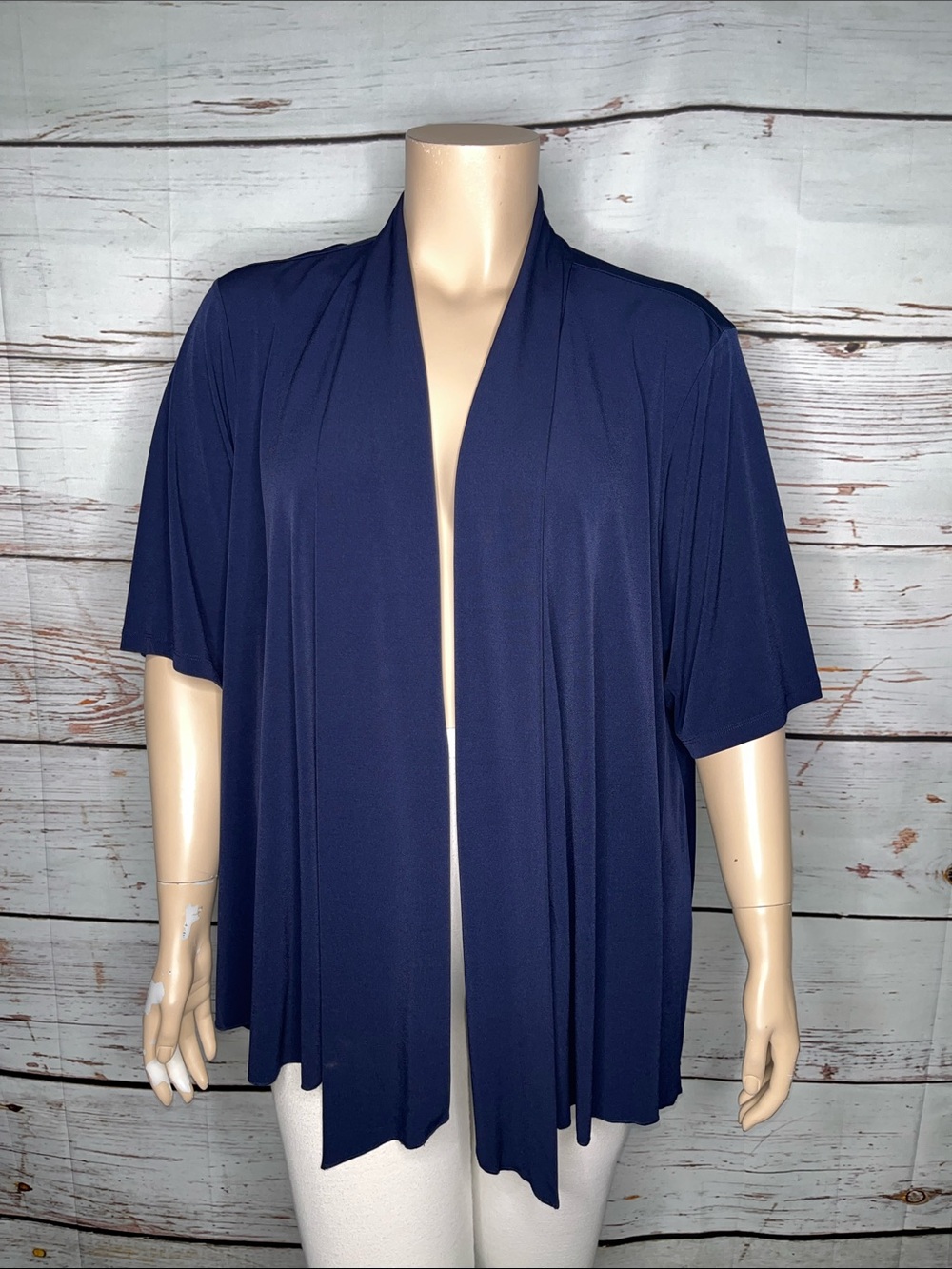 Susan Graver Size 3X Navy Blue Short Sleeve Open Front Cardigan Jacket